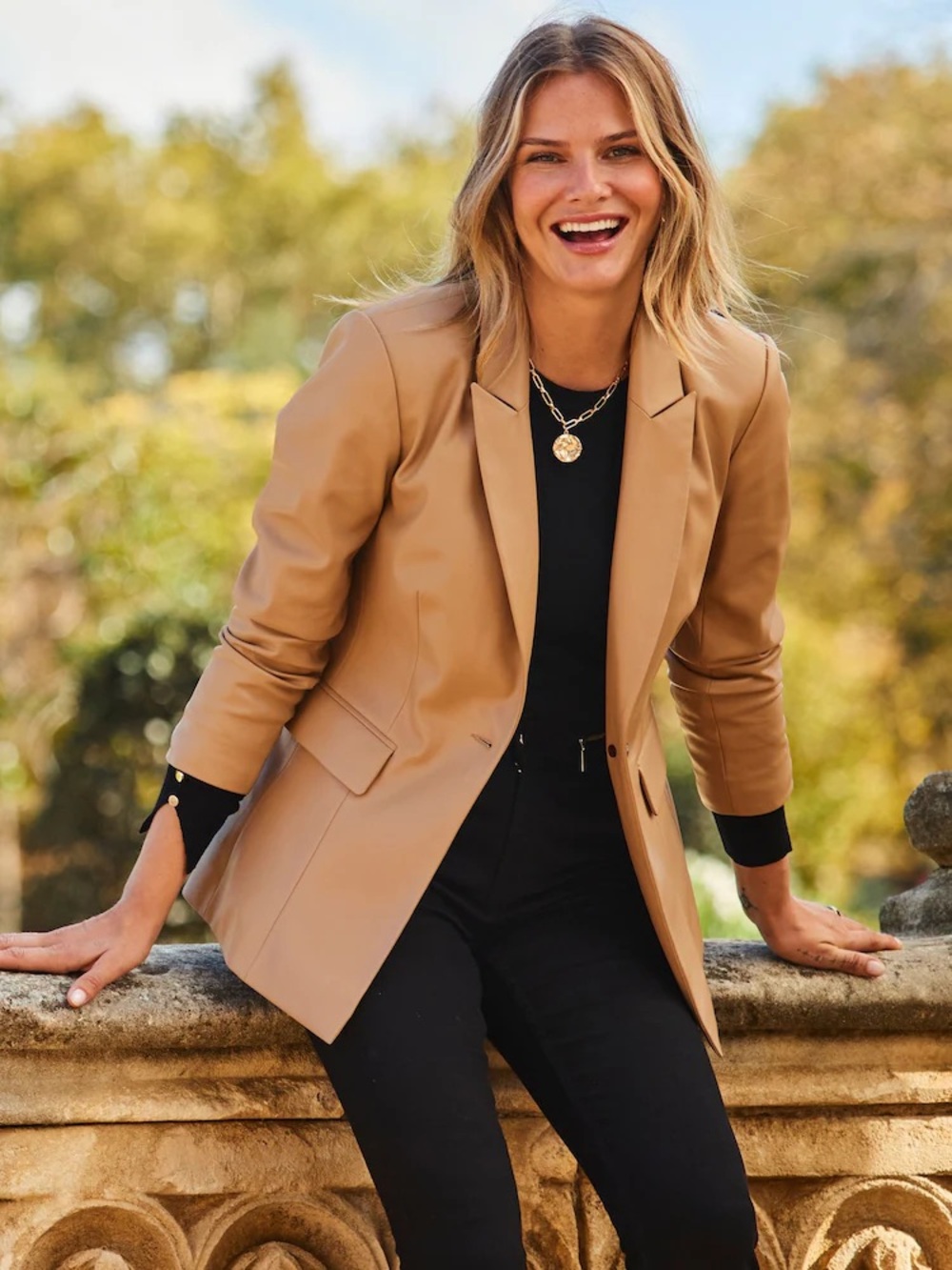 Avec Les Filles Classic Tan Women's Blazer Jacket - Tailored Leather-Look